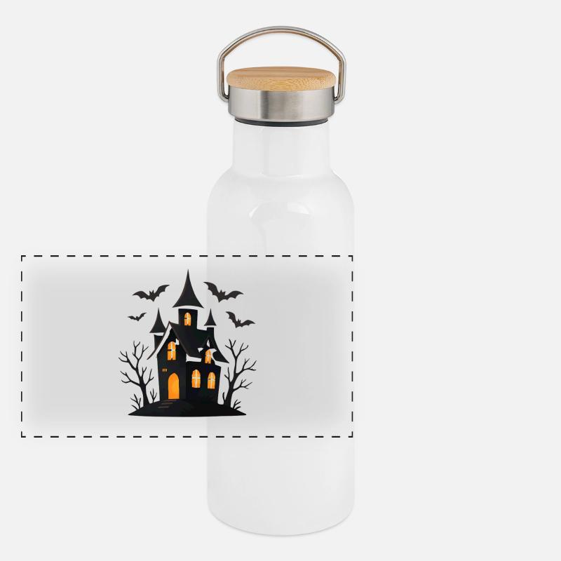 Spukschloss mit schimmernden Fenstern Panorama Thermosflasche mit Bambusdeckel