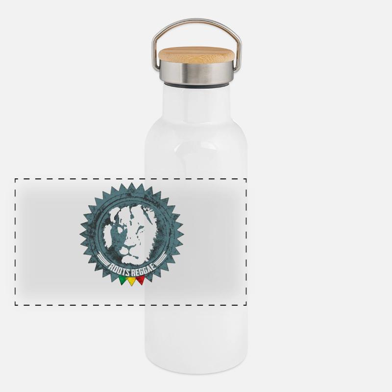 Rootsreggae Abzeichen Logo mit Löwe Panorama Thermosflasche mit Bambusdeckel
