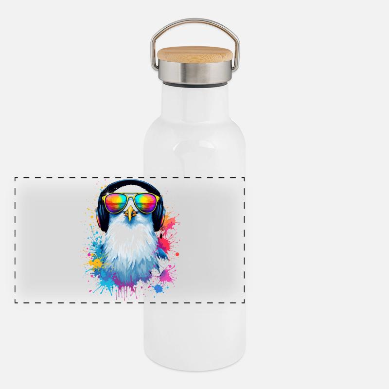 Bunte Möwe Vogel mit Kopfhörer Sonnenbrille Panorama Thermosflasche mit Bambusdeckel
