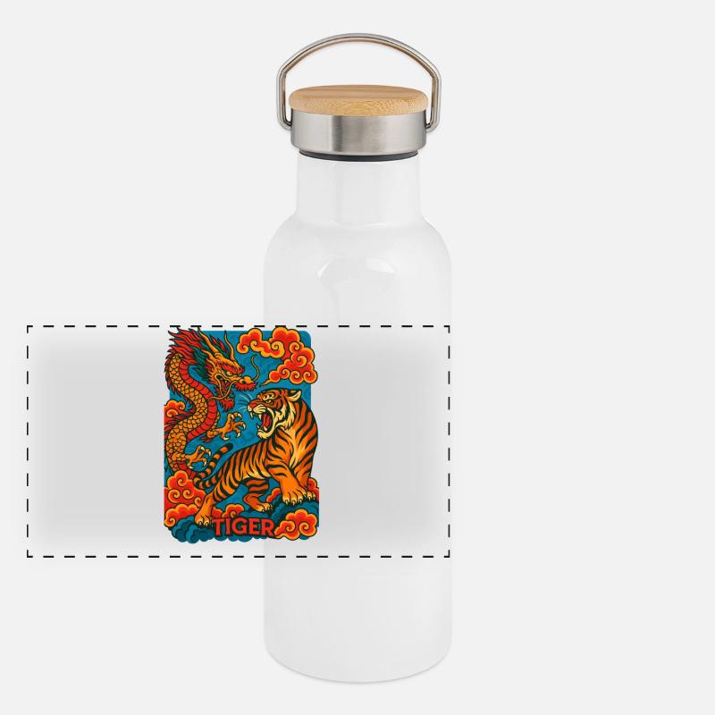 Dragon Tiger Clash, Asian Art Style  Panoramic Thermal Bottle with Bamboo Lid