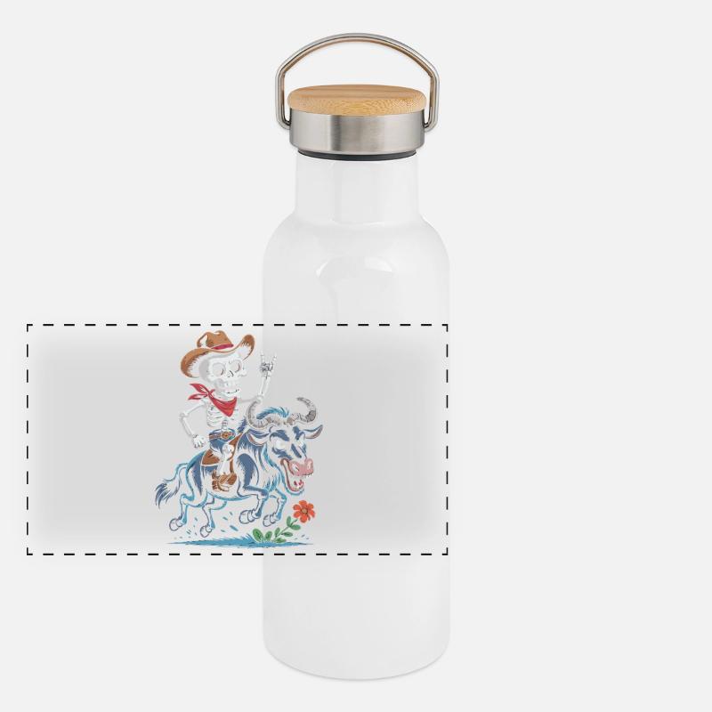 Skelett Cowboy Rodeo auf Gnu Panorama Thermosflasche mit Bambusdeckel