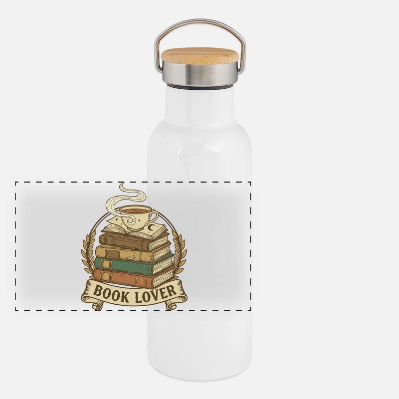 Gemütlicher Bücherstapel mit Dampfbecher Panorama Thermosflasche mit Bambusdeckel