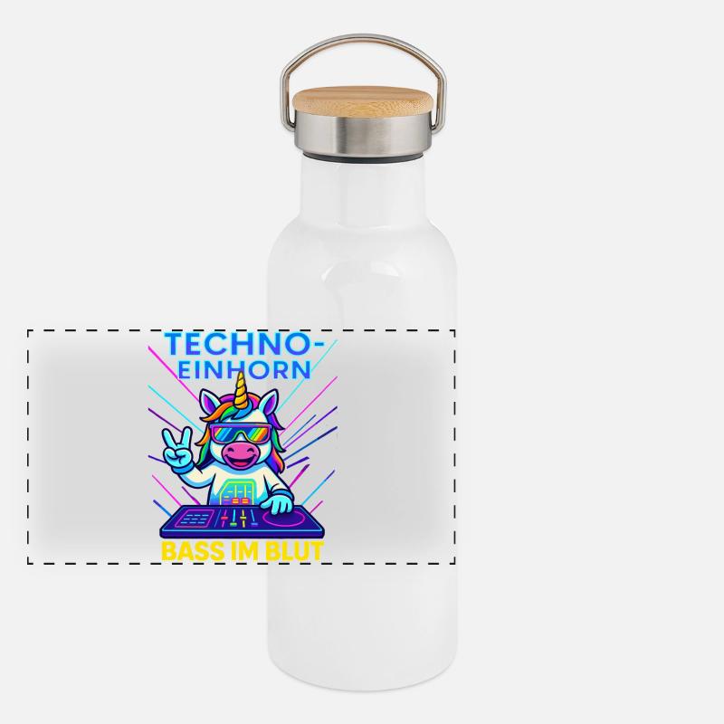 Techno Einhorn Bass im Blut Panorama Thermosflasche mit Bambusdeckel