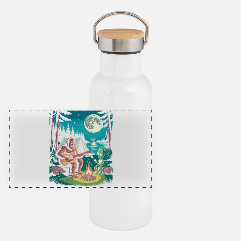 Bigfoot am Lagerfeuer mit Alien Panorama Thermosflasche mit Bambusdeckel