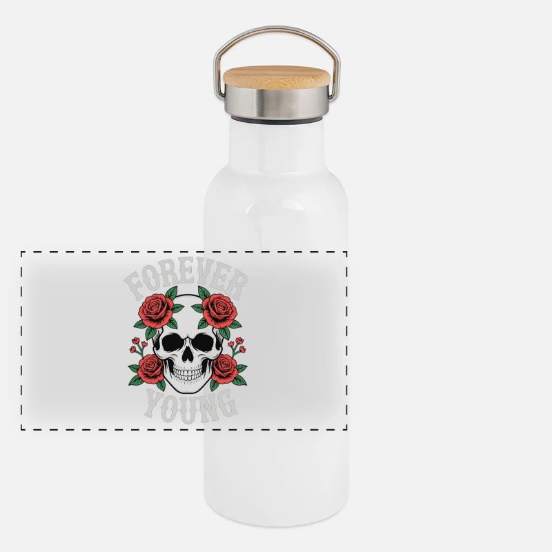 Forever Young Skull Rosen Panorama Thermosflasche mit Bambusdeckel