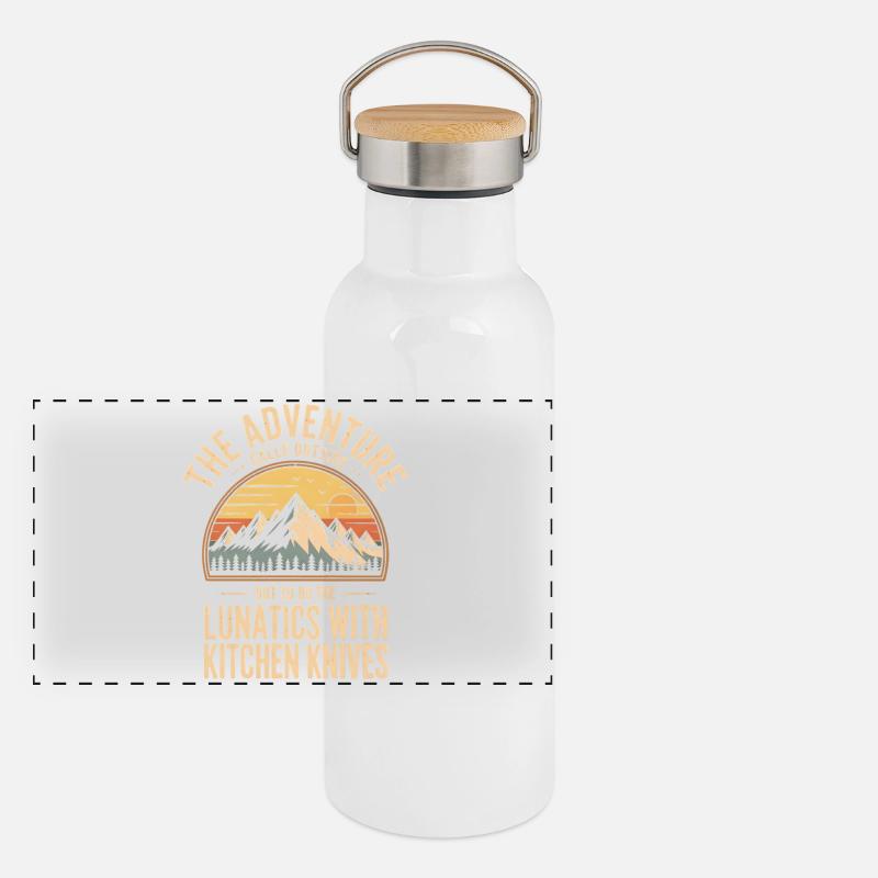 Abenteuer ruft draußen: Lunatics mit Küchenmessern Panorama Thermosflasche mit Bambusdeckel