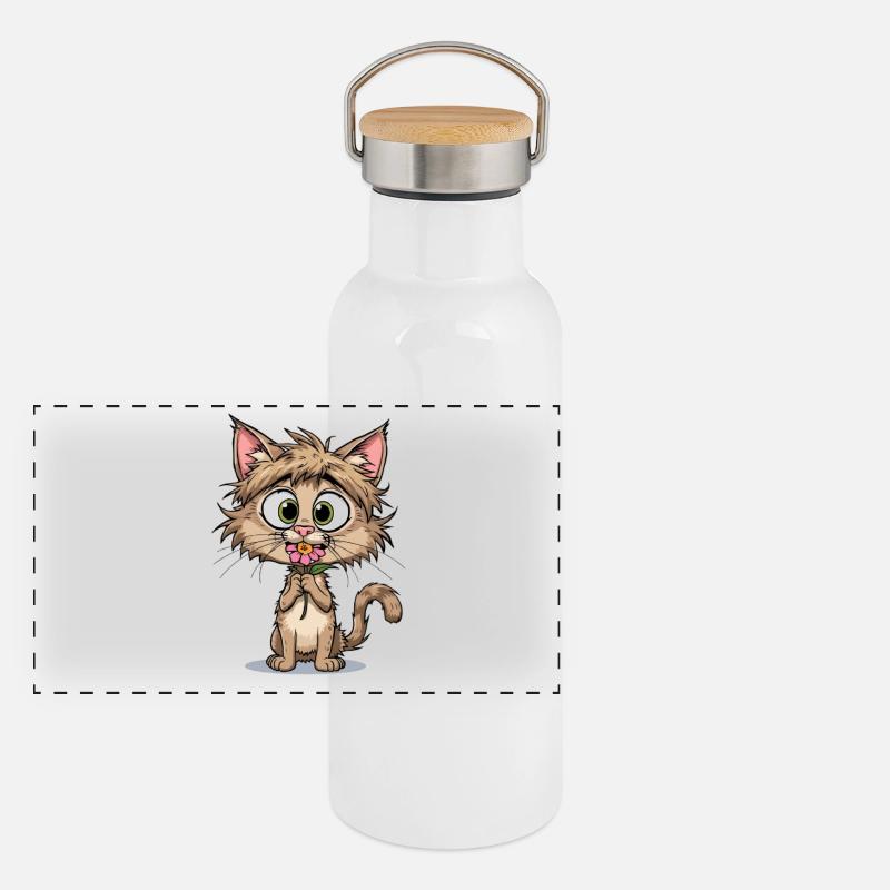 Katzenkätzchen mit Blume Panorama Thermosflasche mit Bambusdeckel