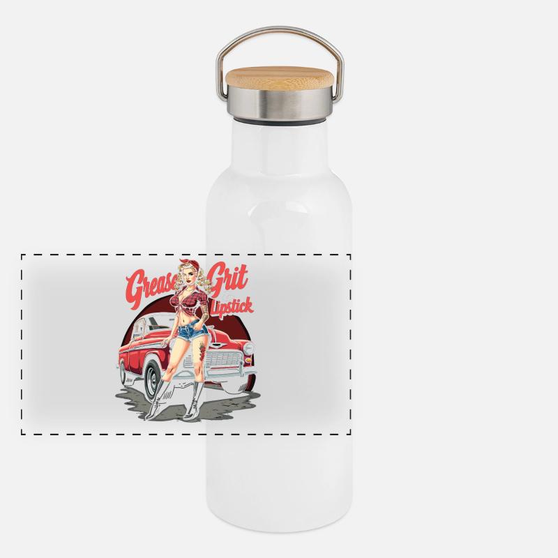 Tuned for Trouble – Retro Auto Girl Design - Panoramic Thermal Bottle with Bamboo Lid - white