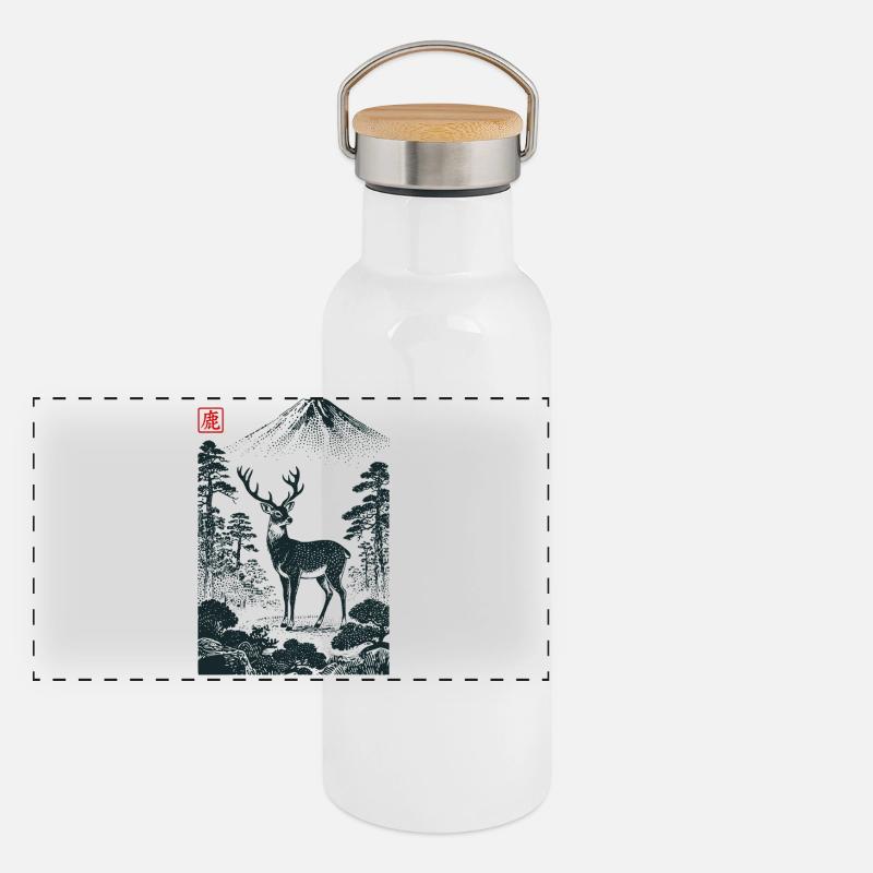 Mystischer Hirsch mit Hanko Stempel Panorama Thermosflasche mit Bambusdeckel