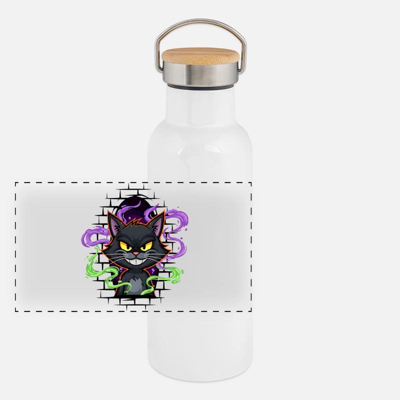 Graffiti Katze Neon Panorama Thermosflasche mit Bambusdeckel