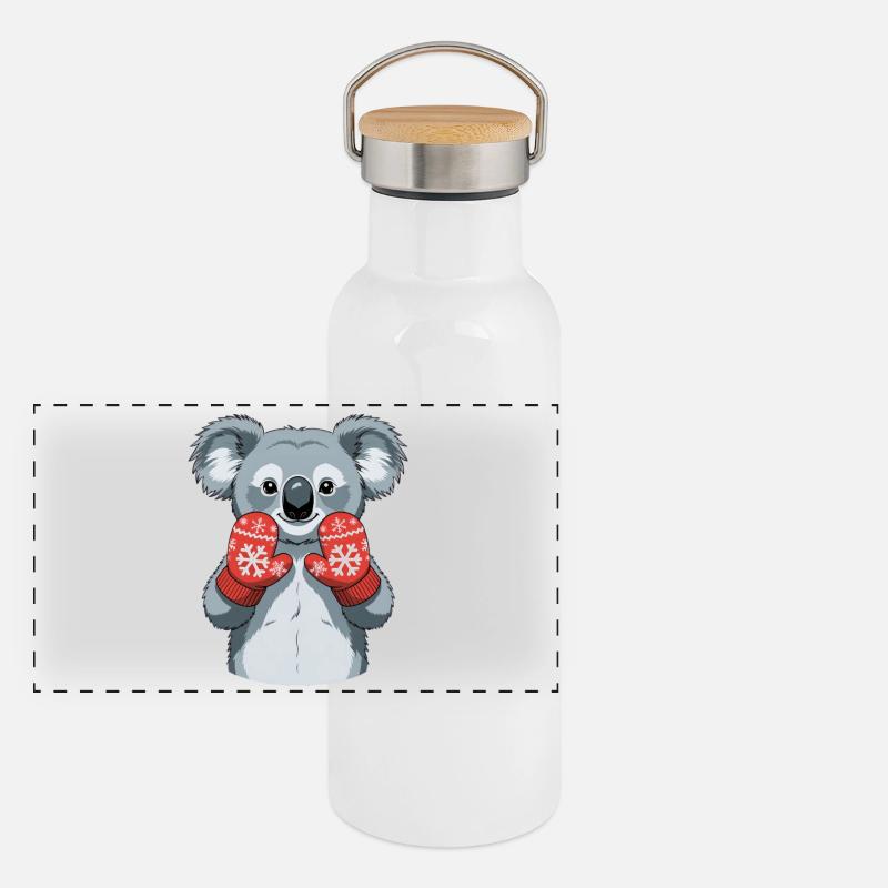 Winterkoala mit roten Handschuhen Panorama Thermosflasche mit Bambusdeckel