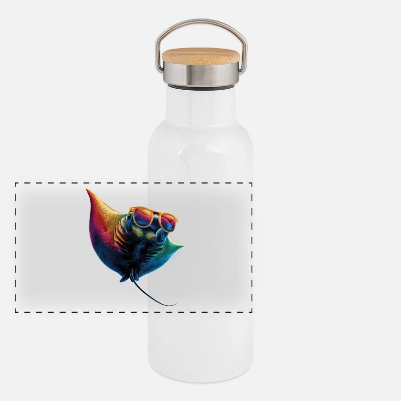 Manta Rochen Teufelsrochen Stachelrochen Taucher Panorama Thermosflasche mit Bambusdeckel