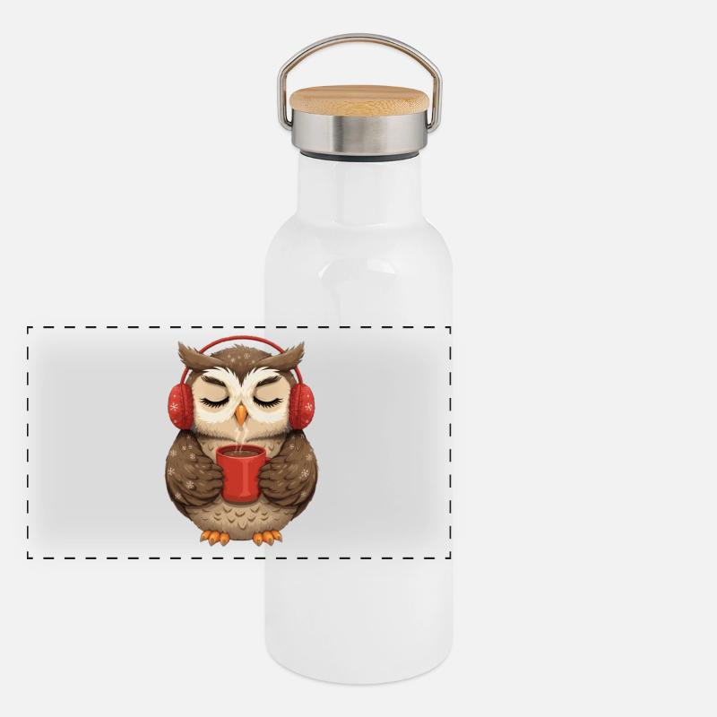 Kuscheleule mit Kopfhörern und Kaffee Panorama Thermosflasche mit Bambusdeckel