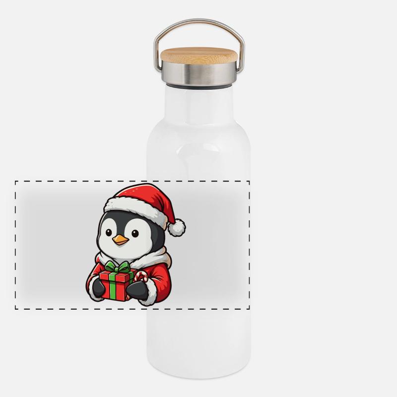 Pingouin câlin avec chapeau de Père Noël Gourde isotherme avec bouchon en bambou