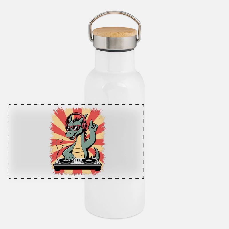 Drachen-DJ mit Kopfhörer-Beat Panorama Thermosflasche mit Bambusdeckel