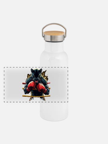 Kampfpanther im Boxring - Panorama Thermosflasche mit Bambusdeckel - Weiß