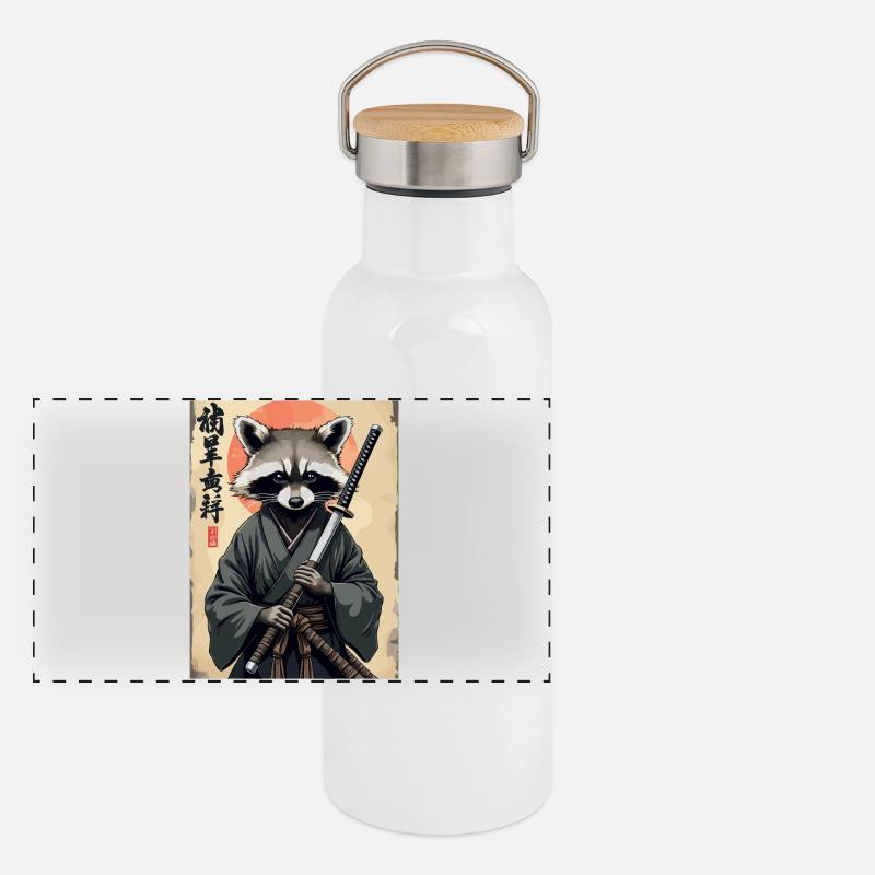 Waschbär Samurai im Kimono Panorama Thermosflasche mit Bambusdeckel