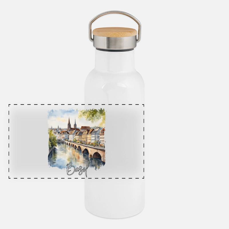 Basel Aquarell, Basel Schweiz Panorama Thermosflasche mit Bambusdeckel