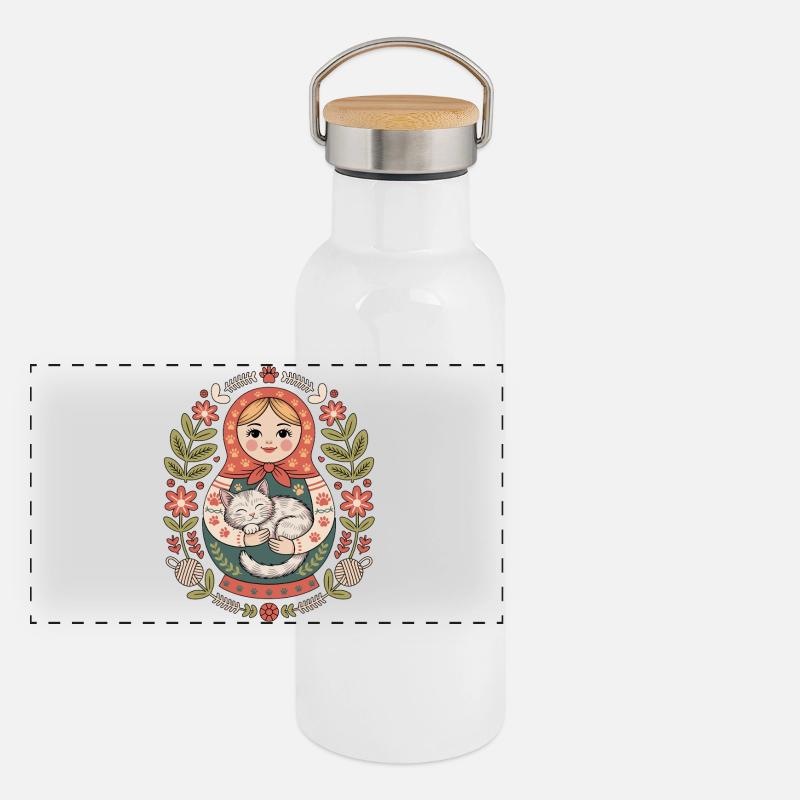 Matroschka Katze mit Blumengruß Panorama Thermosflasche mit Bambusdeckel