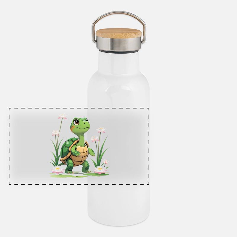 Tortue heureuse dans une mer de fleurs Gourde isotherme avec bouchon en bambou