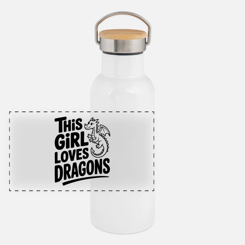 Dieses Mädchen liebt Drachen Panorama Thermosflasche mit Bambusdeckel