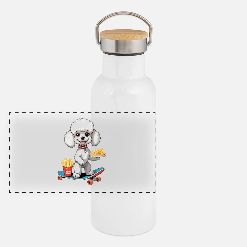 Caniche sur planche à roulettes avec frites Gourde isotherme avec bouchon en bambou