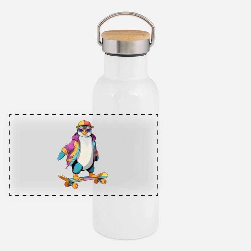 Pingouin Skateboard Look Neon Gourde isotherme avec bouchon en bambou