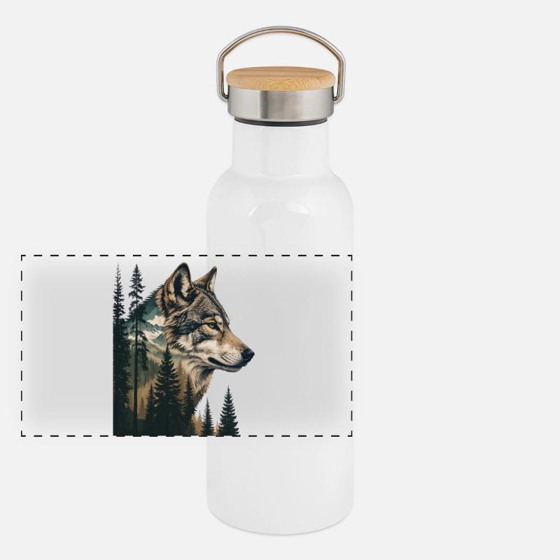 Forest Wolf Portrait with Mountains Panoramic Thermal Bottle with Bamboo Lid