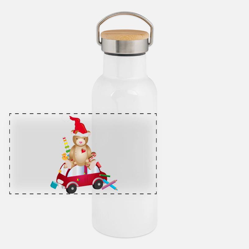 Teddybär mit Weihnachtsmütze auf Spielzeugauto Panorama Thermosflasche mit Bambusdeckel