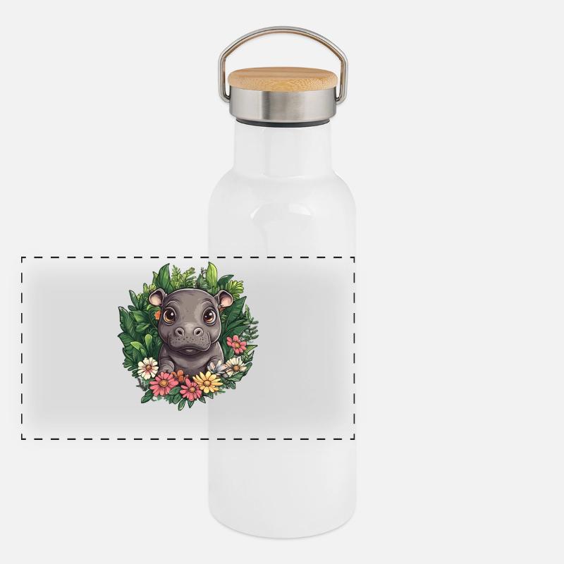 Hippopotame dans le jardin fleuri Gourde isotherme avec bouchon en bambou