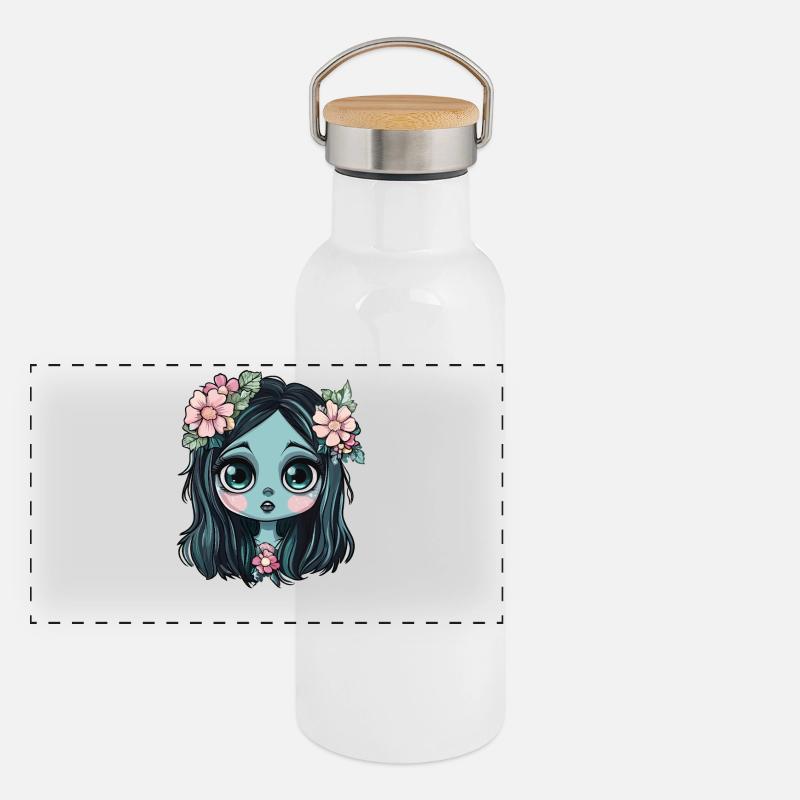 Blaues Blumenmädchen mit Krone Panorama Thermosflasche mit Bambusdeckel