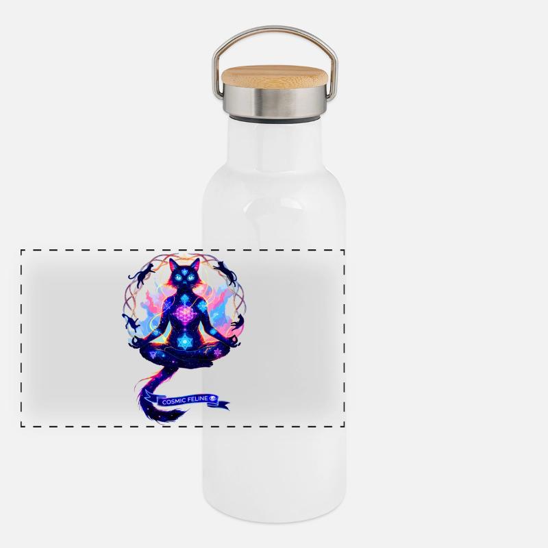 Cosmic Chakra Katze Panorama Thermosflasche mit Bambusdeckel