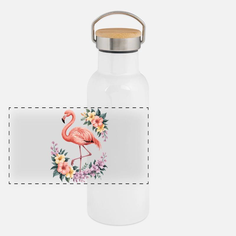 Tropischer Flamingo mit Blumen Panorama Thermosflasche mit Bambusdeckel