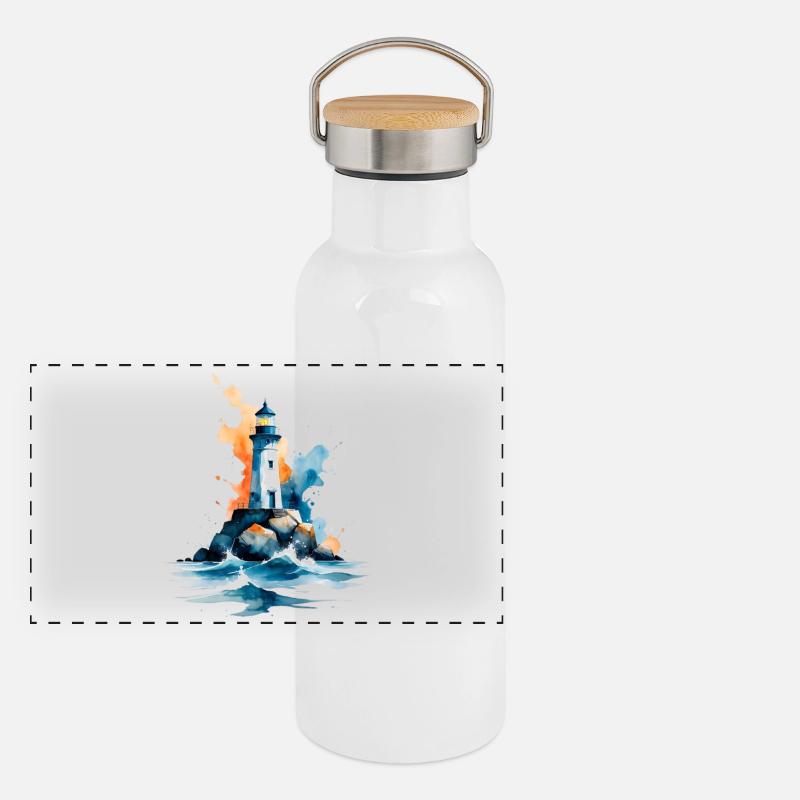 Leuchtturm Aquarell Inselmeer Panorama Thermosflasche mit Bambusdeckel