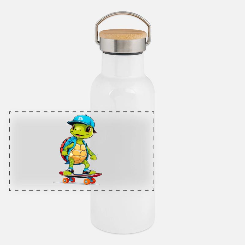 Schildkröte Skateboardheld Panorama Thermosflasche mit Bambusdeckel