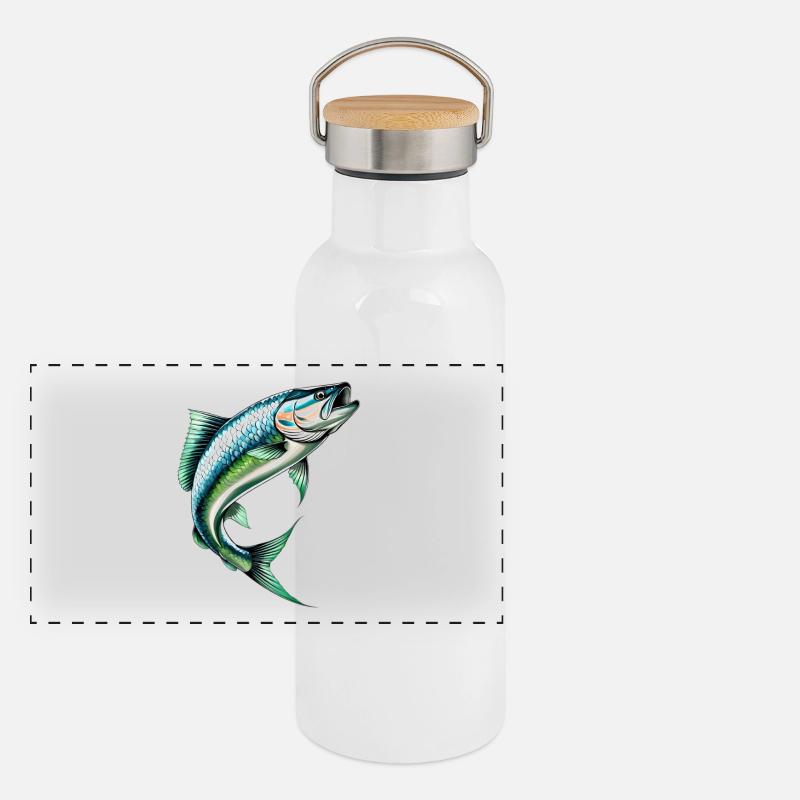 Springender Barsch im Grünblau Panorama Thermosflasche mit Bambusdeckel