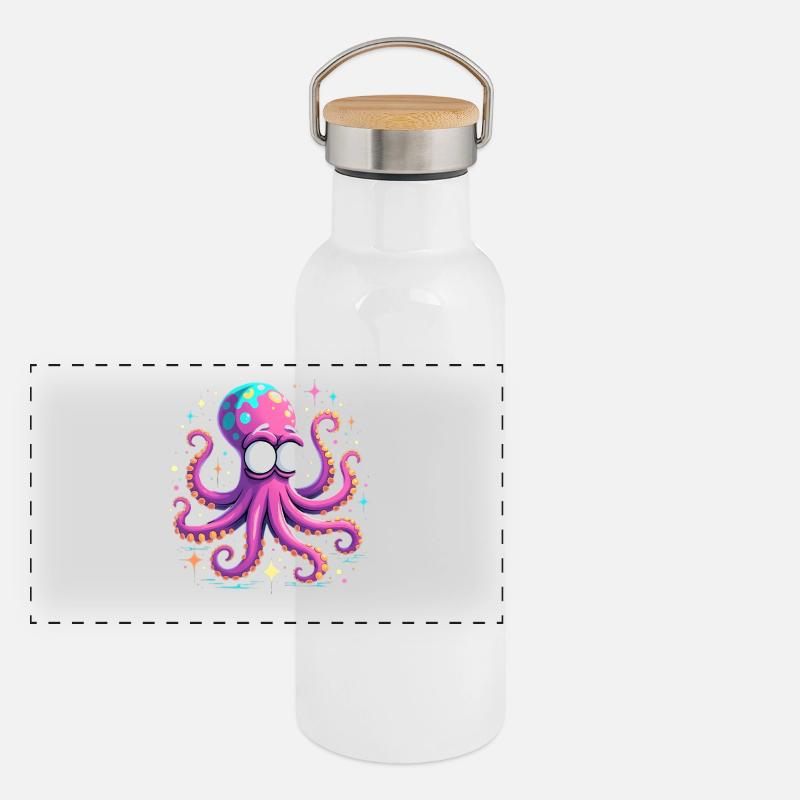 Neon Oktopus Farbexplosion Panorama Thermosflasche mit Bambusdeckel