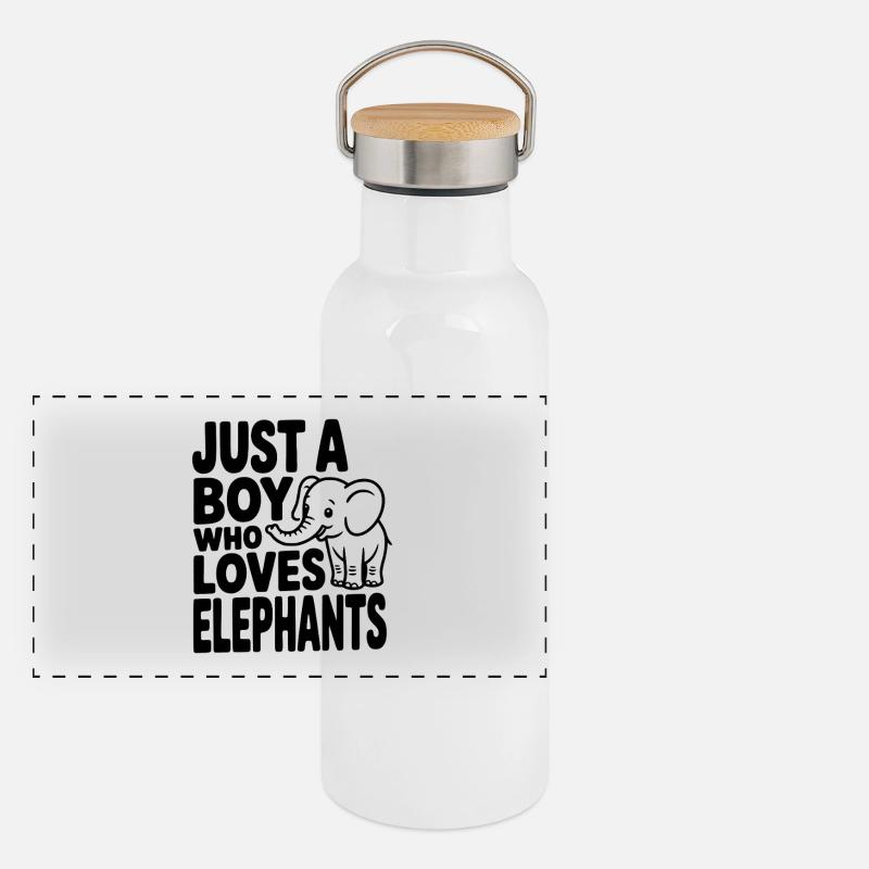 Nur ein Junge, der Elefanten liebt Panorama Thermosflasche mit Bambusdeckel