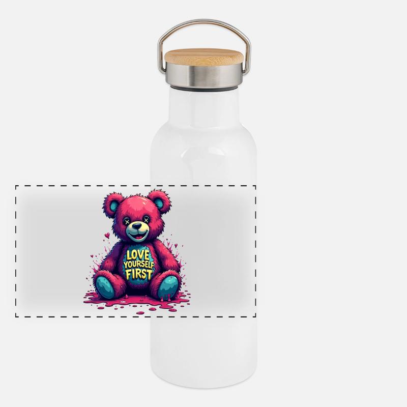 Love Yourself First Teddybär Graffiti Panorama Thermosflasche mit Bambusdeckel