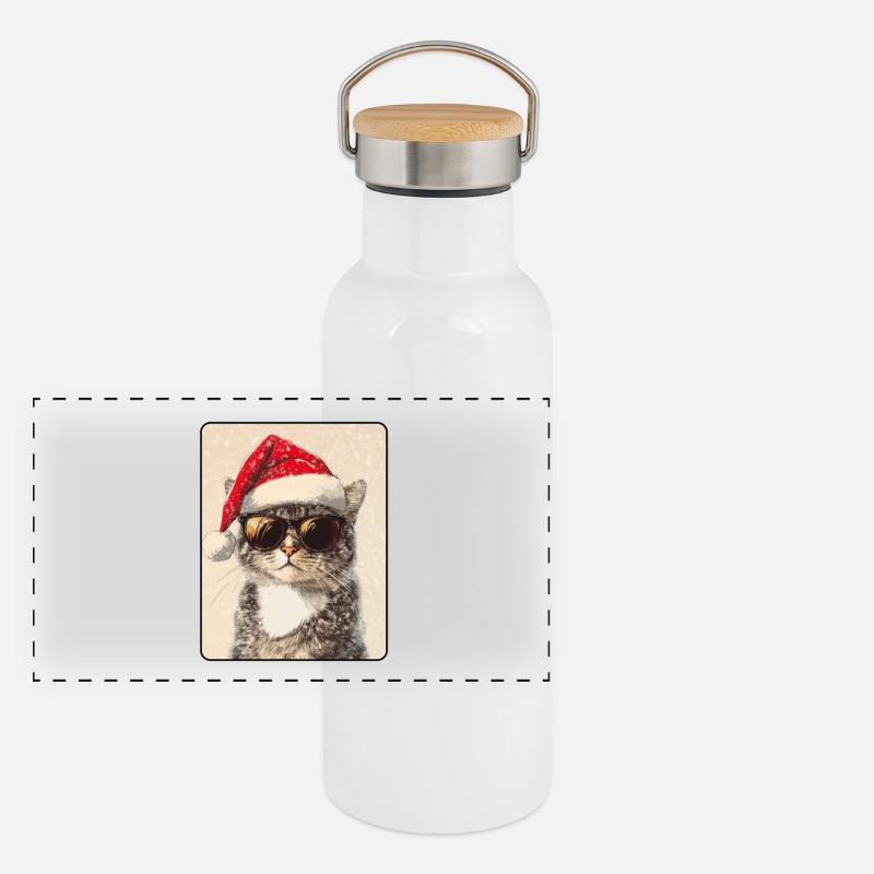 Chat cool avec lunettes de soleil Chapeau de Père Noël Gourde isotherme avec bouchon en bambou