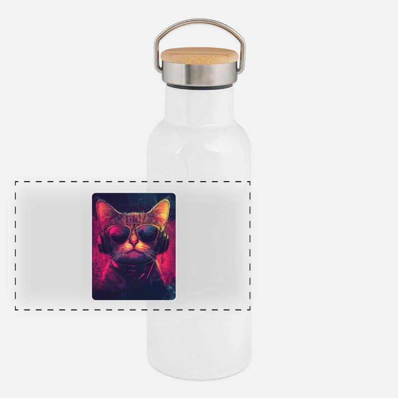 Coole DJ Katze mit Sonnenbrille Panorama Thermosflasche mit Bambusdeckel