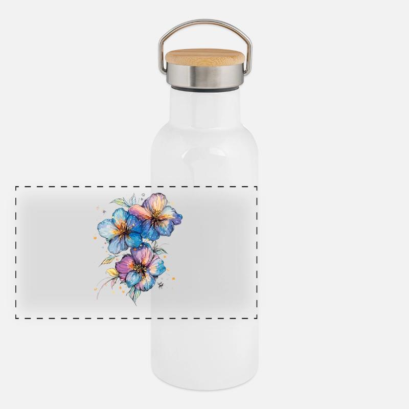 Wasserfarbene Blütenstrauß Panorama Thermosflasche mit Bambusdeckel