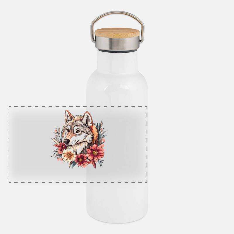 Wolfflora Portrait with Floral Wreath Panoramic Thermal Bottle with Bamboo Lid