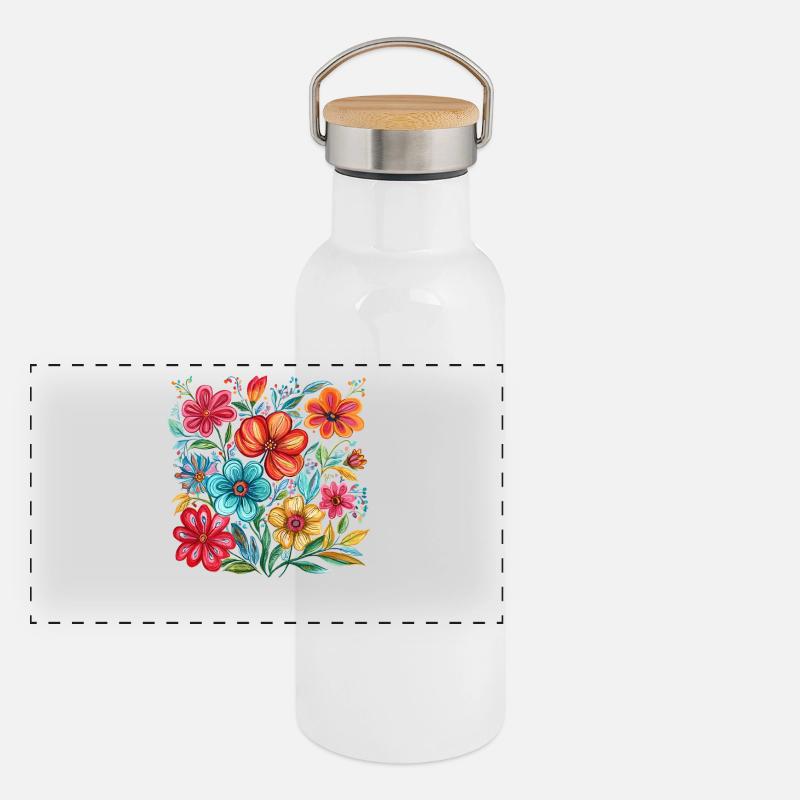 Lebendige Blumenpracht Panorama Thermosflasche mit Bambusdeckel