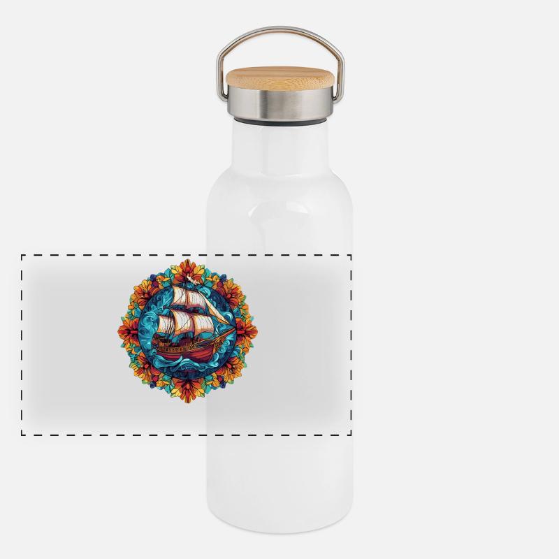 Flower Ring Sailing Ship Illustration Panoramic Thermal Bottle with Bamboo Lid