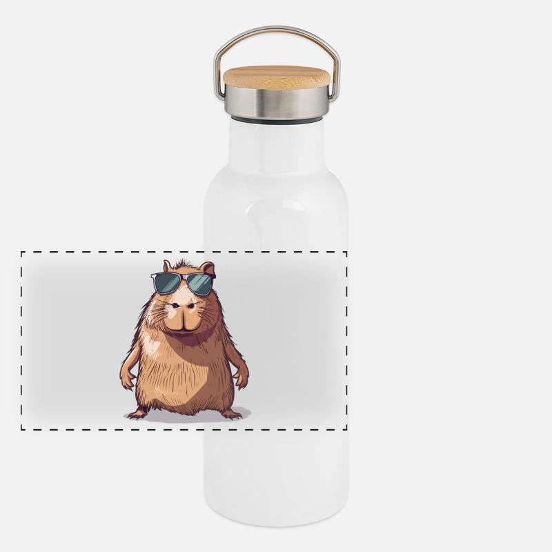Comic de capybara décontracté avec lunettes de soleil Gourde isotherme avec bouchon en bambou