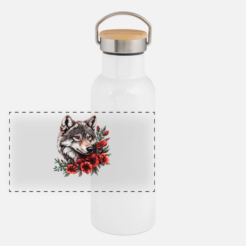 Wolf face with red flowers Panoramic Thermal Bottle with Bamboo Lid