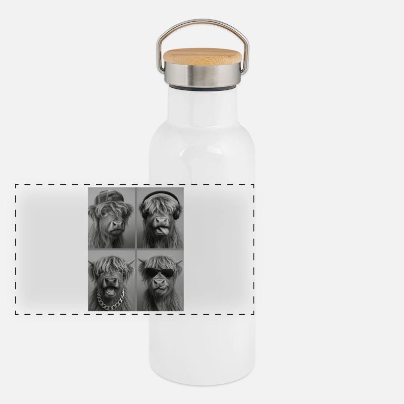 Beef Highland Cow Four Faces Collage Panoramic Thermal Bottle with Bamboo Lid