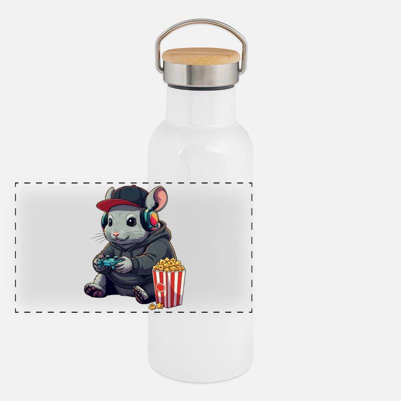 Chinchilla-Gamer mit Popcorn Panorama Thermosflasche mit Bambusdeckel