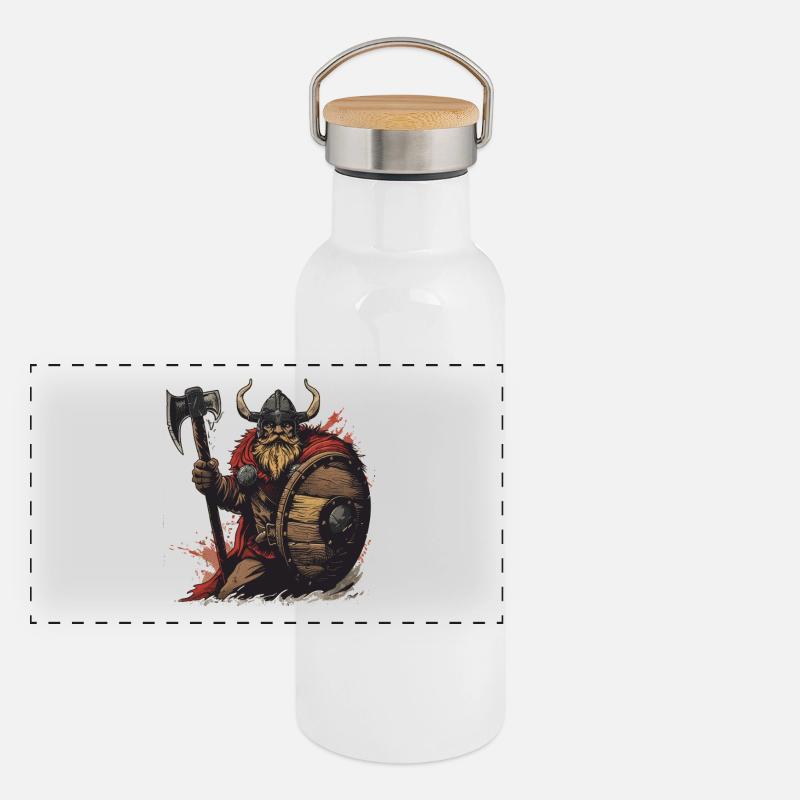 Wikinger Krieger mit Axt und Schild Panorama Thermosflasche mit Bambusdeckel